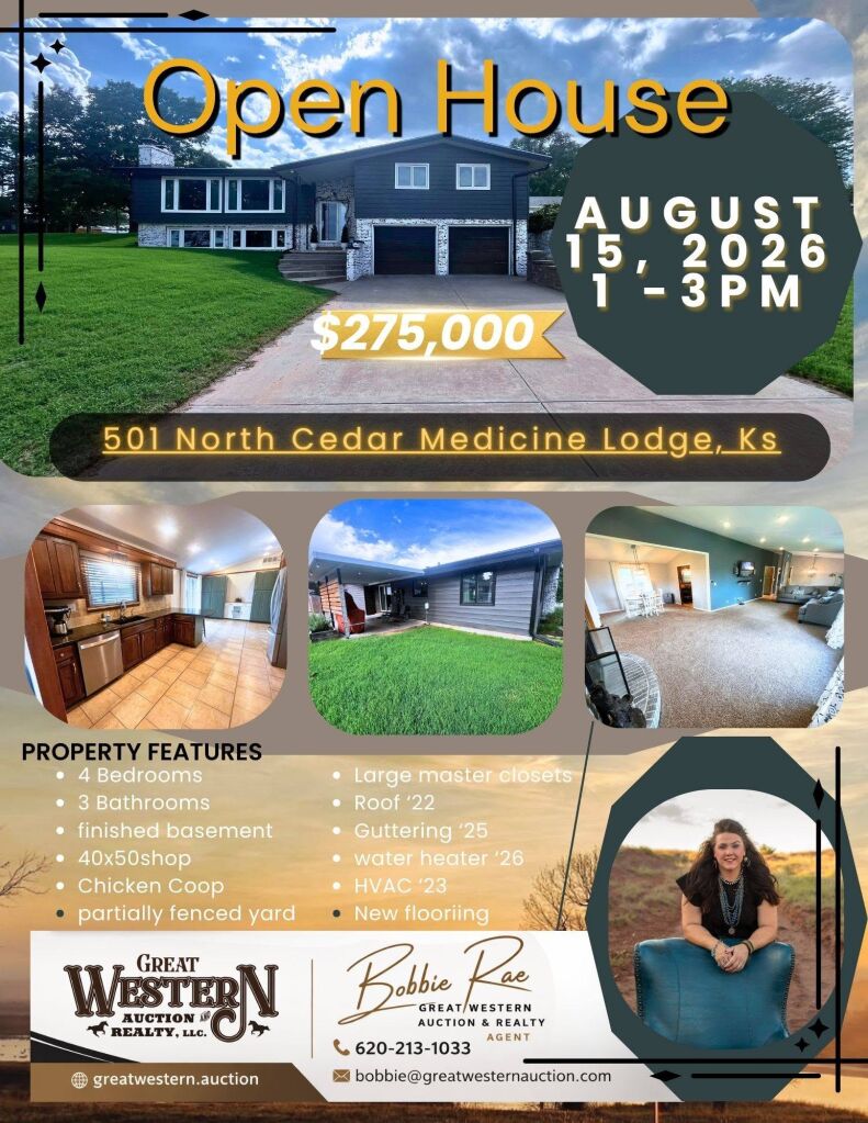 Open house flyer — 501 N. Cedar, Medicine Lodge, Kansas — Saturday, August 15, 2026, 1 to 3 p.m.